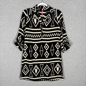 Si Style Dress Medium Black Cream‎ Satin Southwestern Boho Resort Cruise Blouse